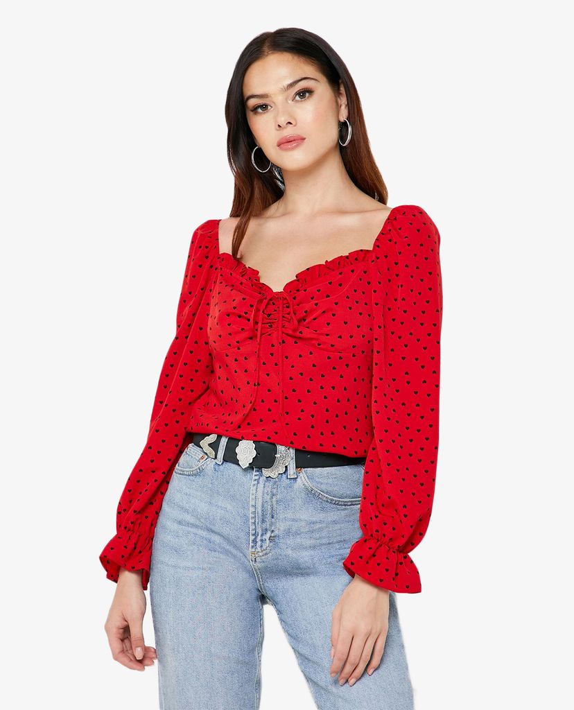 TOPSHOP - Áo kiểu nữ tay dài cổ vuông phối họa tiết trái tim