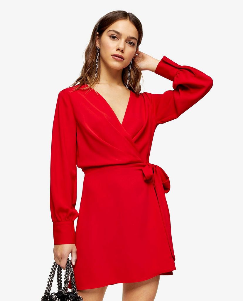 TOPSHOP - Đầm mini cổ V tay dài PETITE Red Twist Front
