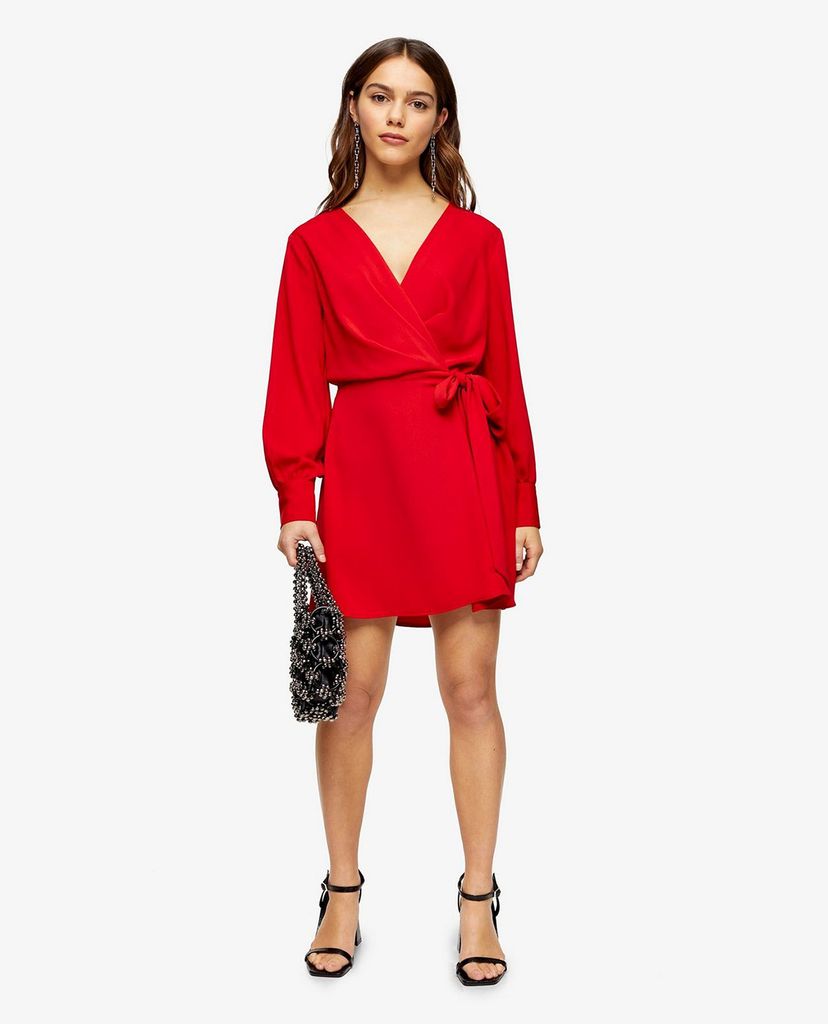 TOPSHOP - Đầm mini cổ V tay dài PETITE Red Twist Front