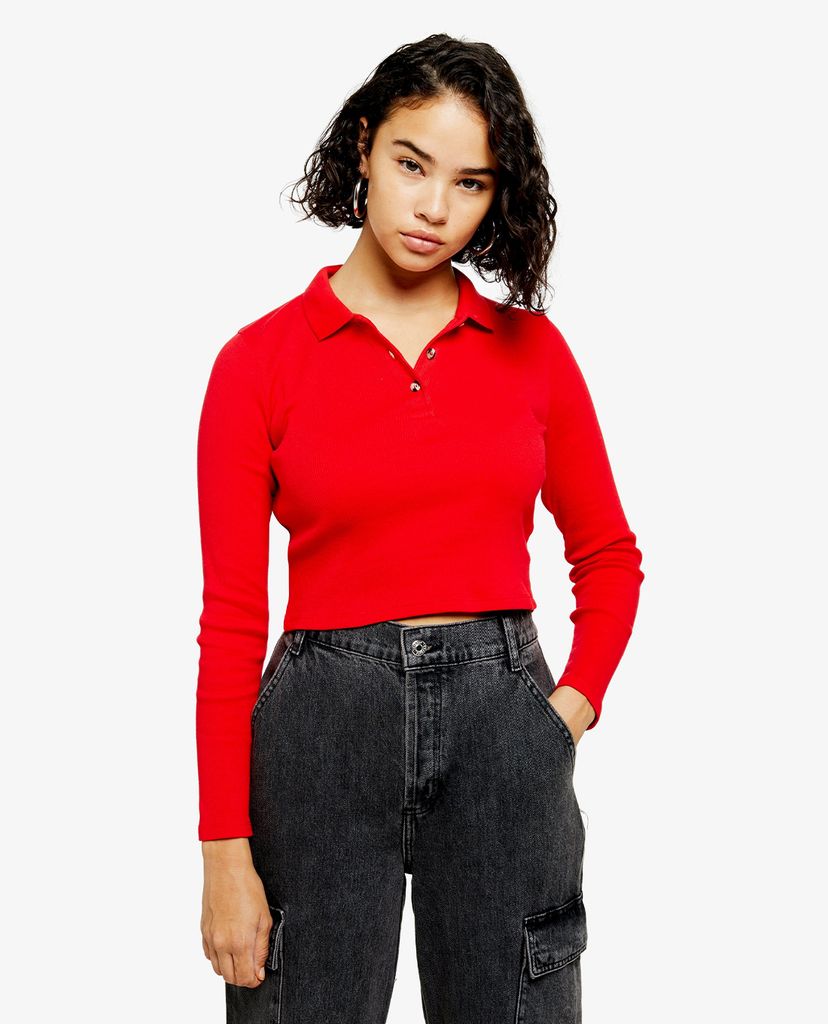 TOPSHOP - Áo polo nữ tay dài cổ bẻ PETITE Red Button Front