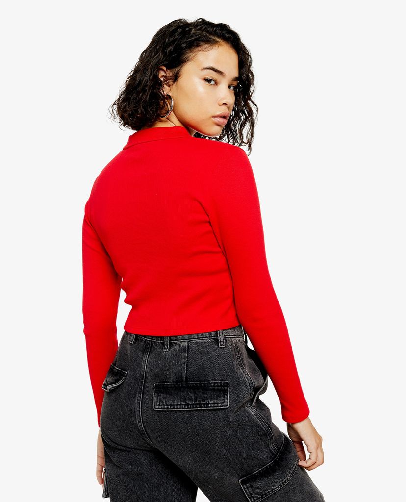 TOPSHOP - Áo polo nữ tay dài cổ bẻ PETITE Red Button Front