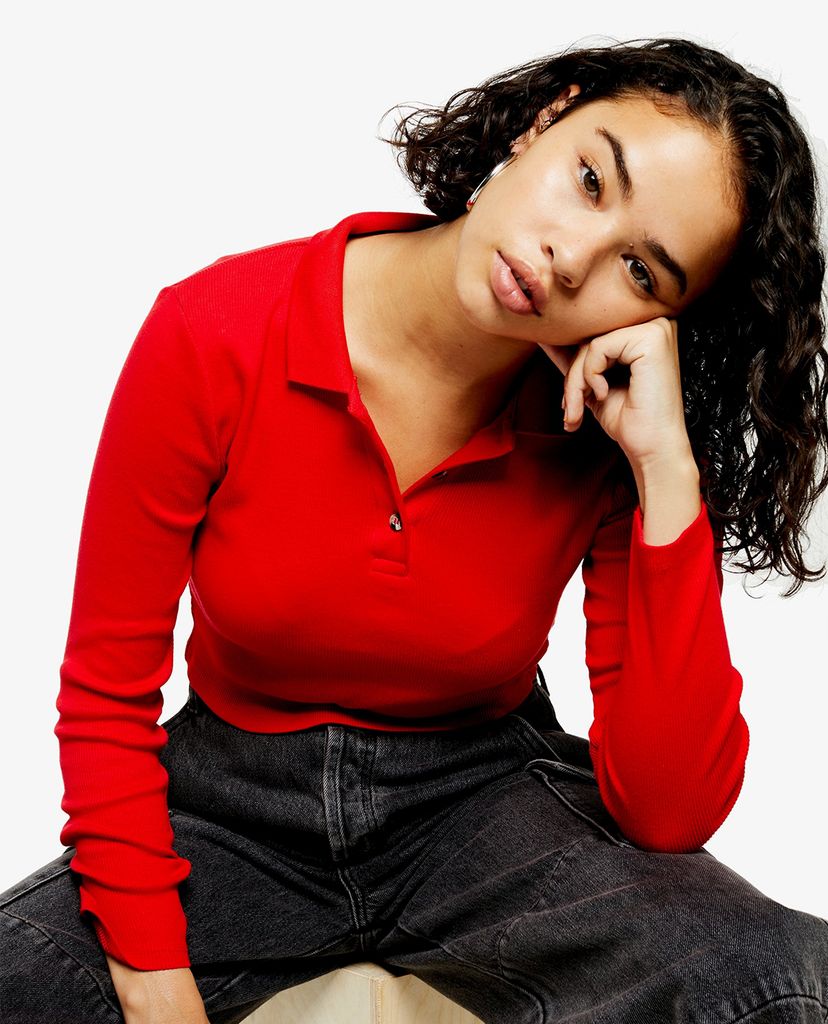 TOPSHOP - Áo polo nữ tay dài cổ bẻ PETITE Red Button Front