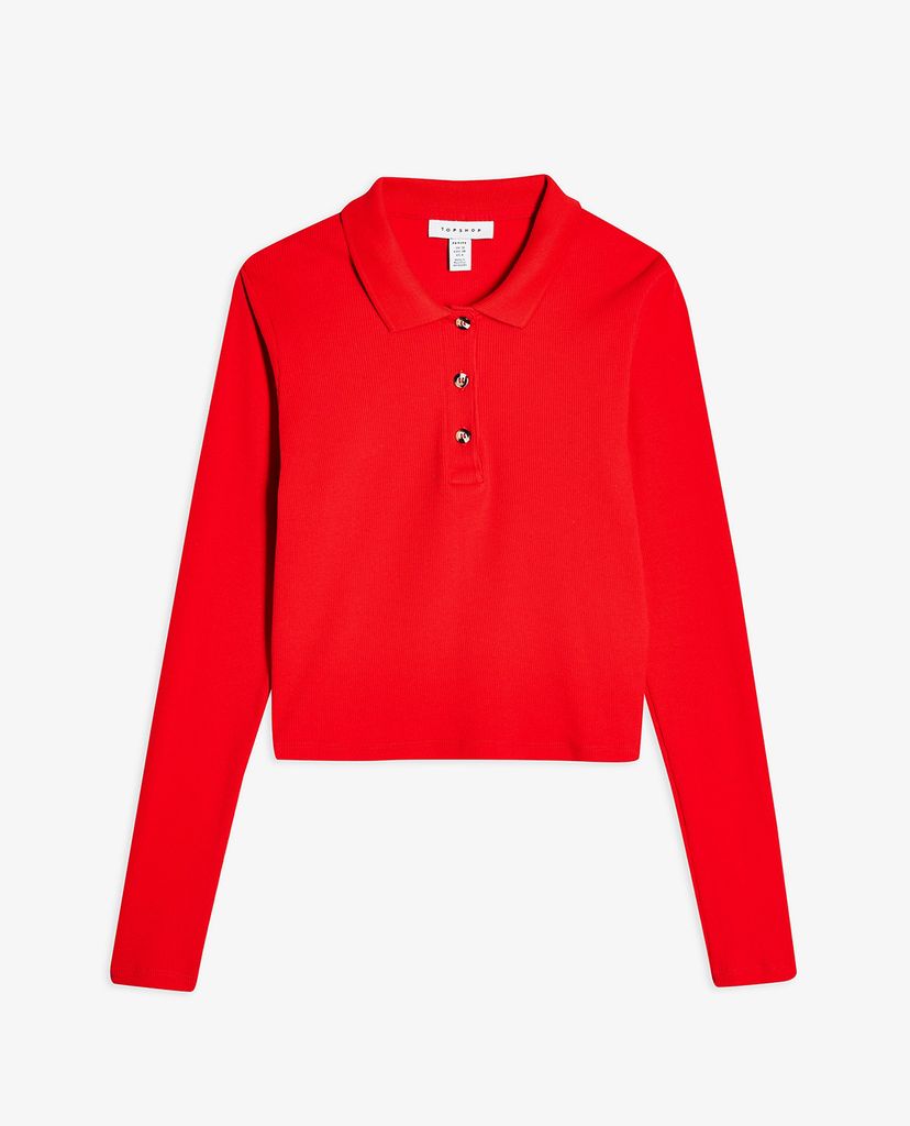 TOPSHOP - Áo polo nữ tay dài cổ bẻ PETITE Red Button Front