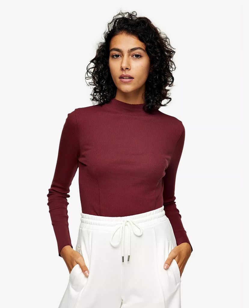 TOPSHOP - Áo thun tay dài cổ cao Burgundy Funnel