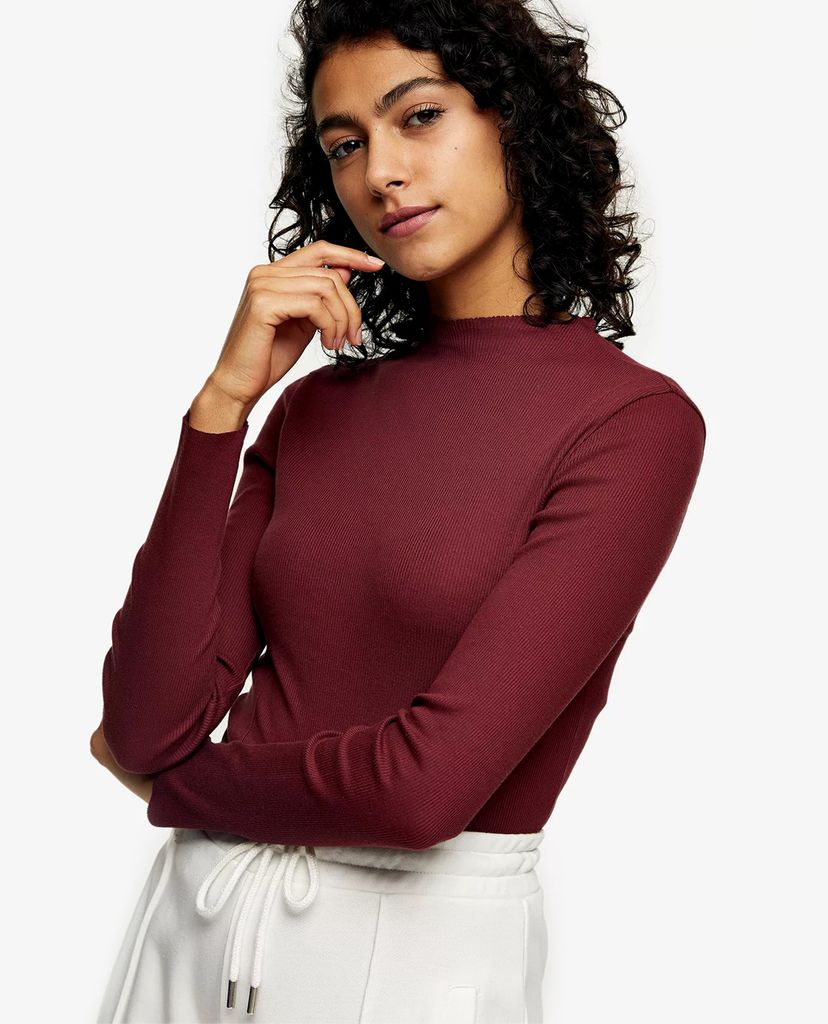TOPSHOP - Áo thun tay dài cổ cao Burgundy Funnel