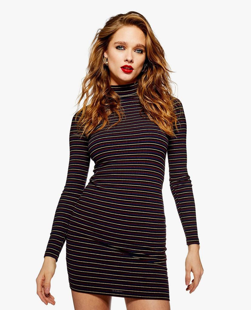 TOPSHOP - Đầm mini cổ lọ tay dài Metallic Thread Stripe Funnel