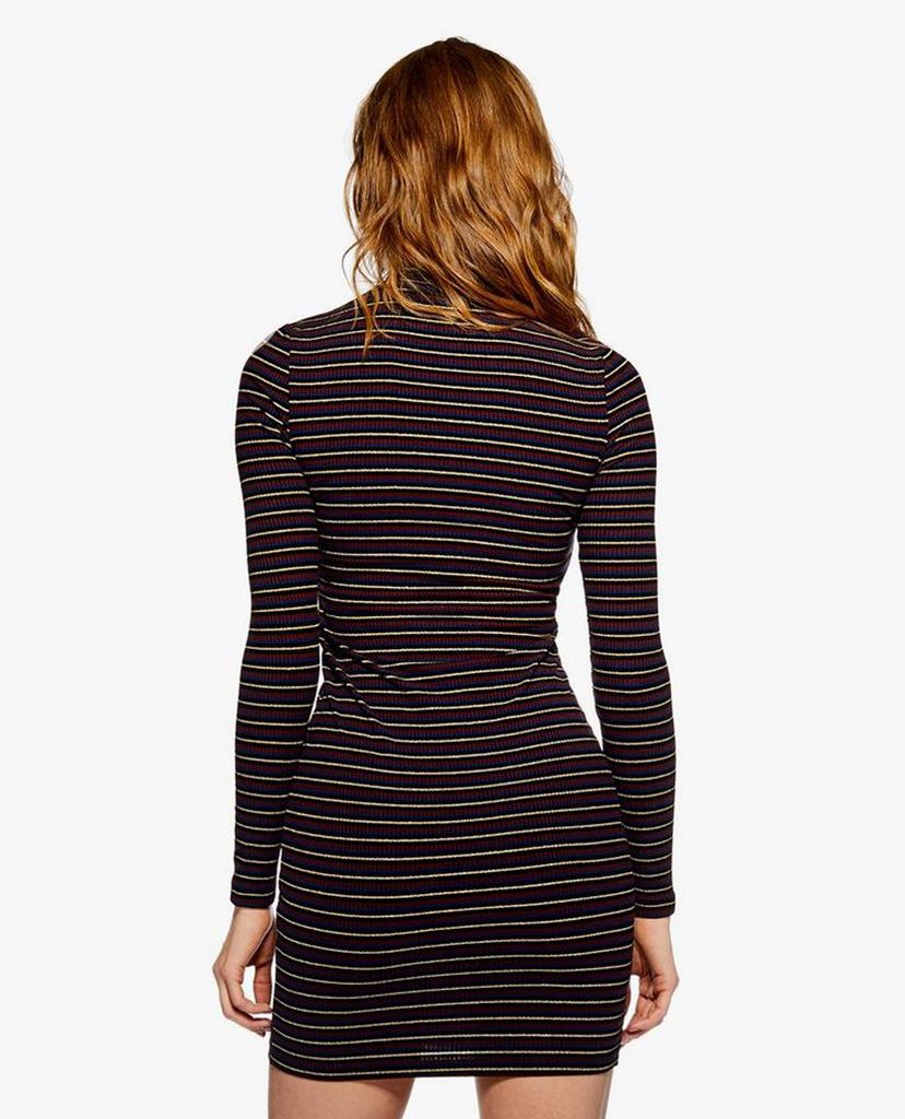 TOPSHOP - Đầm mini cổ lọ tay dài Metallic Thread Stripe Funnel