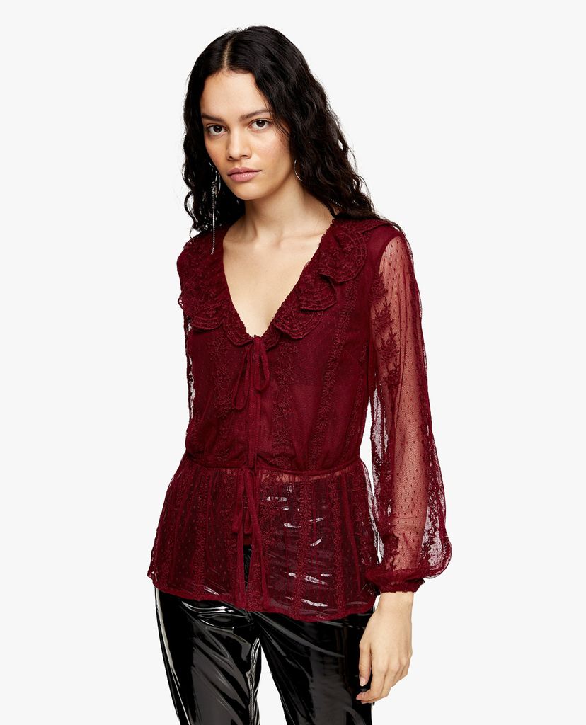 TOPSHOP - Áo kiểu nữ tay dài cổ V Burgundy Mesh Blouse