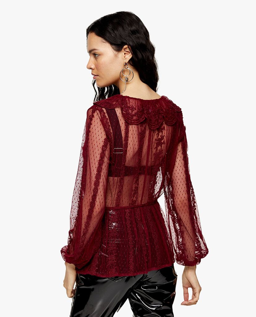 TOPSHOP - Áo kiểu nữ tay dài cổ V Burgundy Mesh Blouse