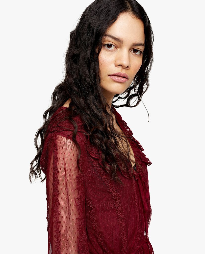 TOPSHOP - Áo kiểu nữ tay dài cổ V Burgundy Mesh Blouse