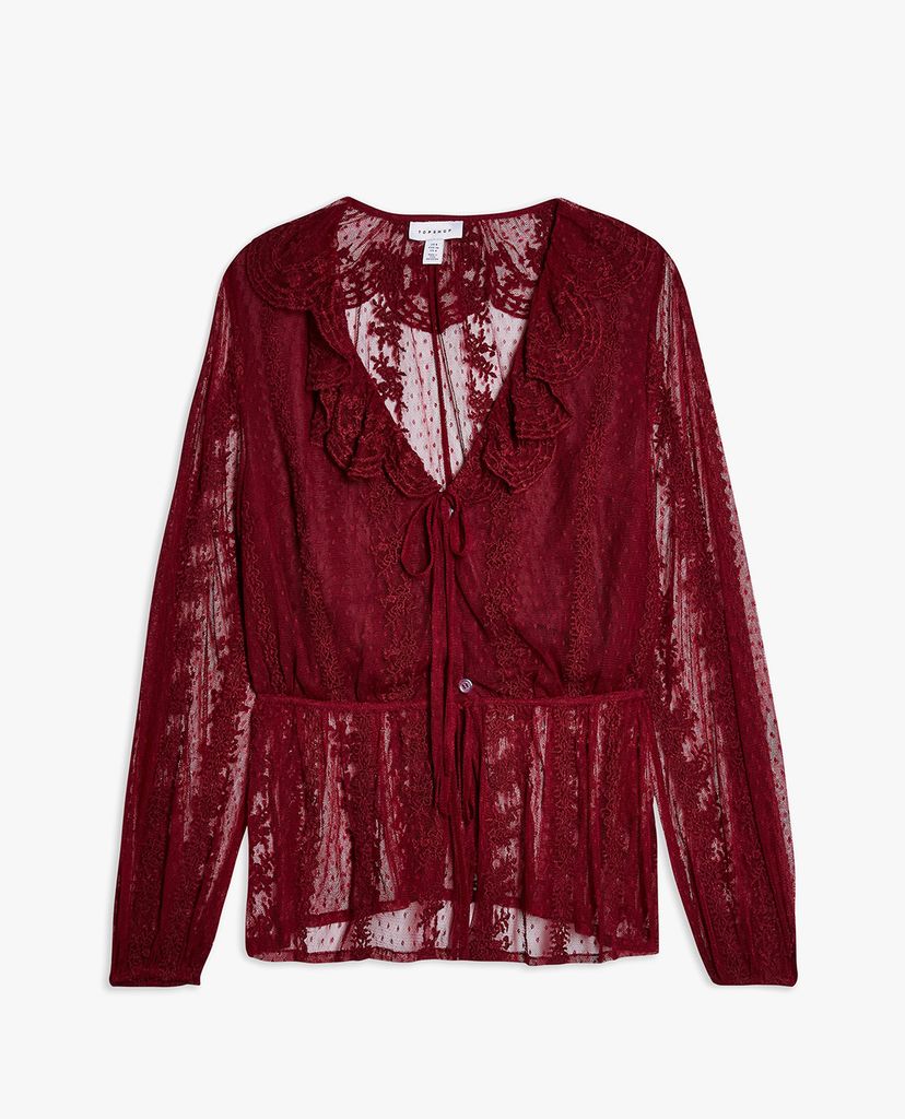 TOPSHOP - Áo kiểu nữ tay dài cổ V Burgundy Mesh Blouse