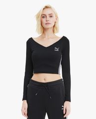 PUMA - Áo croptop nữ cổ V tay dài Classics Ribbed Cropped