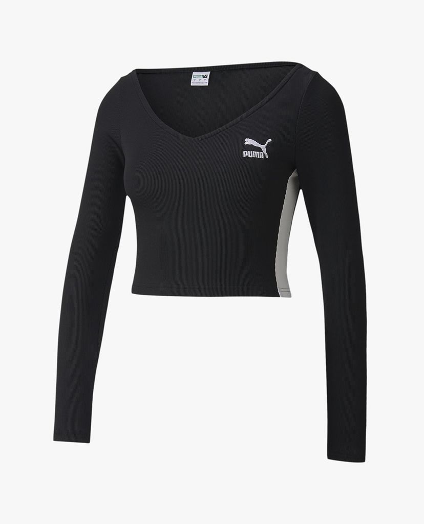 PUMA - Áo croptop nữ cổ V tay dài Classics Ribbed Cropped