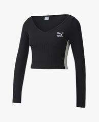 PUMA - Áo croptop nữ cổ V tay dài Classics Ribbed Cropped