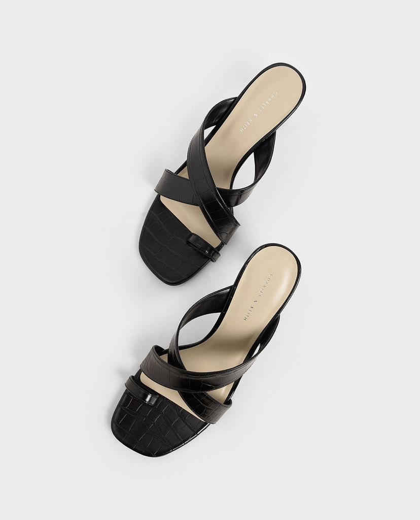 CHARLES & KEITH - Giày cao gót đế vuông Croc Effect Heeled Mules