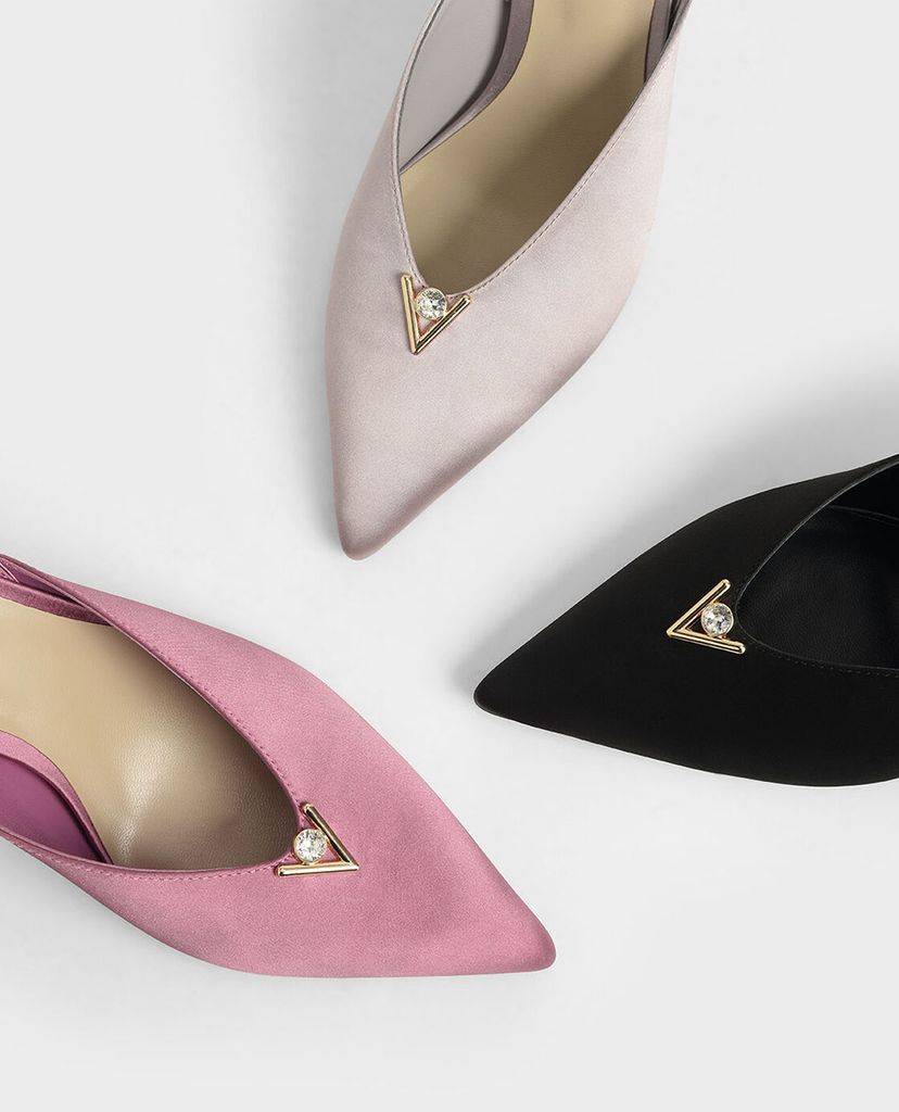 CHARLES & KEITH - Giày cao gót mũi nhọn Satin Embellished Slingback