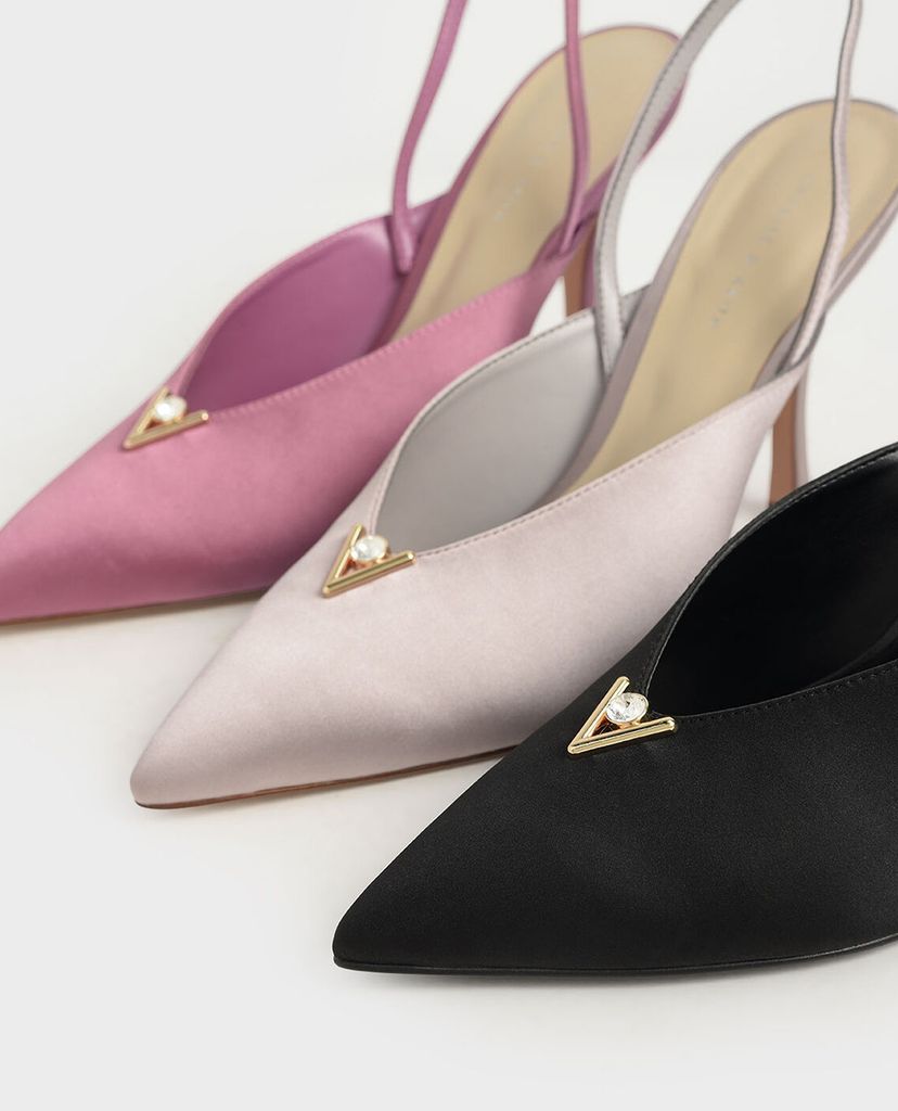 CHARLES & KEITH - Giày cao gót mũi nhọn Satin Embellished Slingback