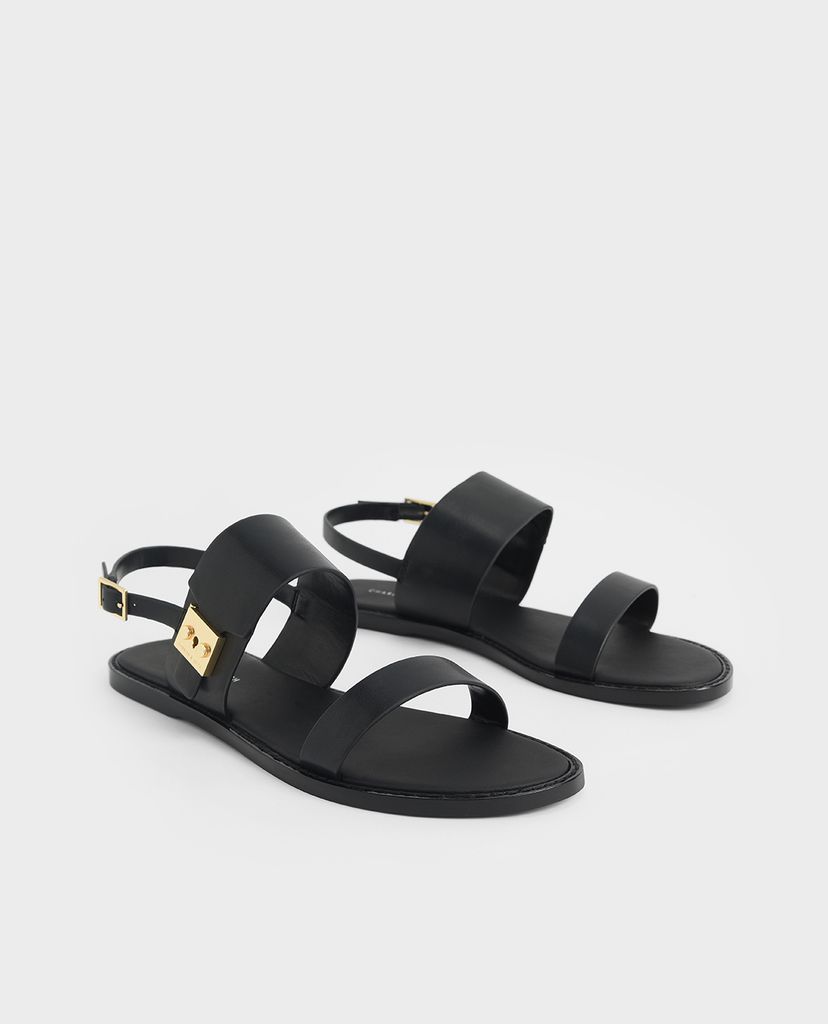 CHARLES & KEITH - Giày sandals nữ quai ngang Raffia Metallic Buckle
