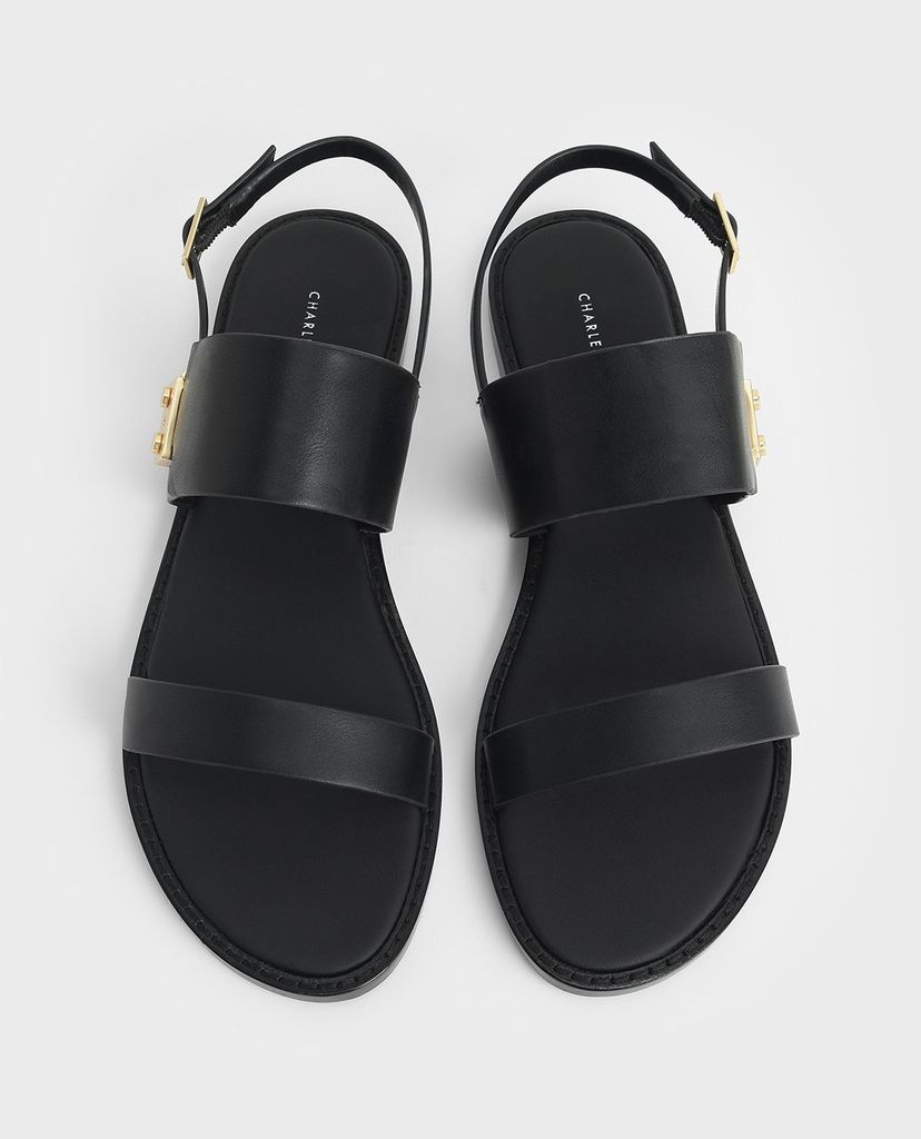 CHARLES & KEITH - Giày sandals nữ quai ngang Raffia Metallic Buckle