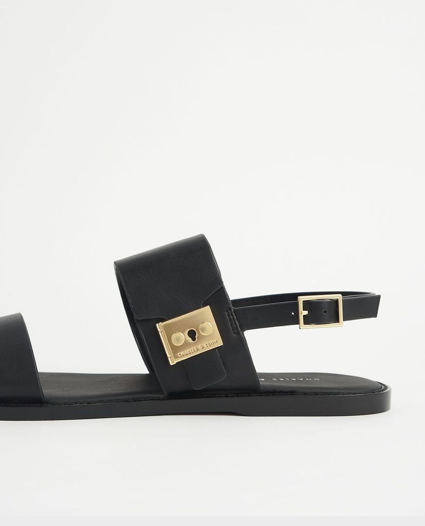 CHARLES & KEITH - Giày sandals nữ quai ngang Raffia Metallic Buckle