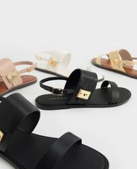 CHARLES & KEITH - Giày sandals nữ quai ngang Raffia Metallic Buckle