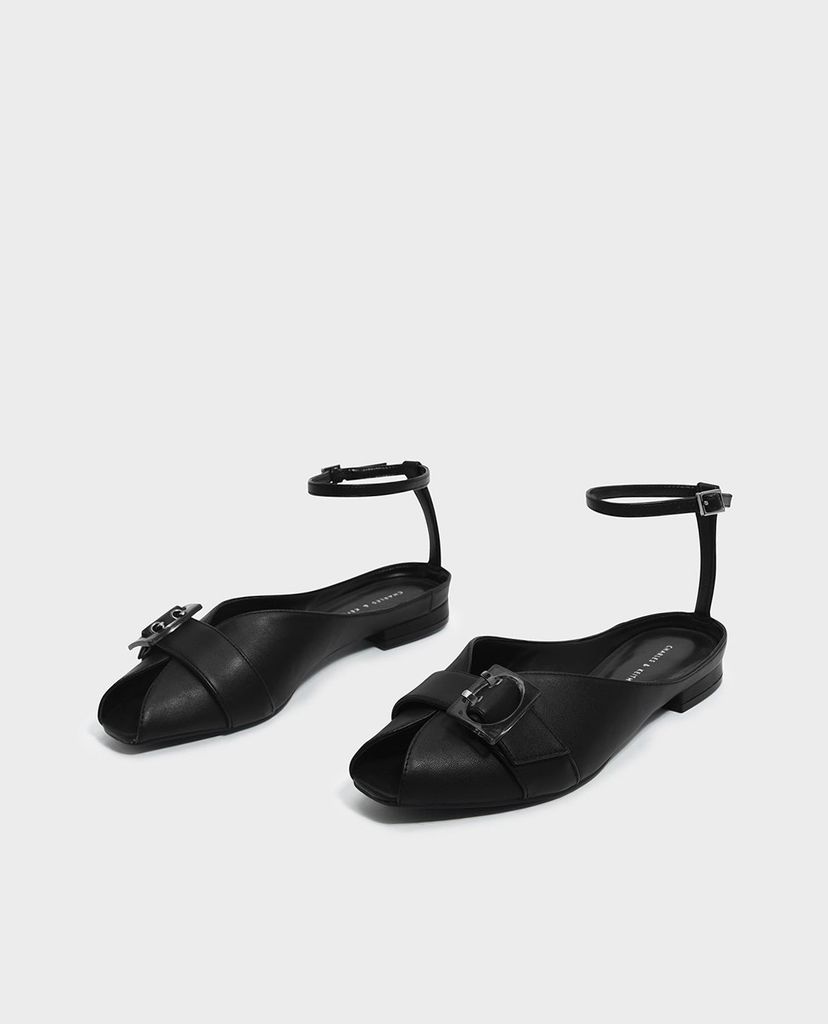 CHARLES & KEITH - Giày đế bệt nữ mũi tròn Anle Strap Peep Toe Flats