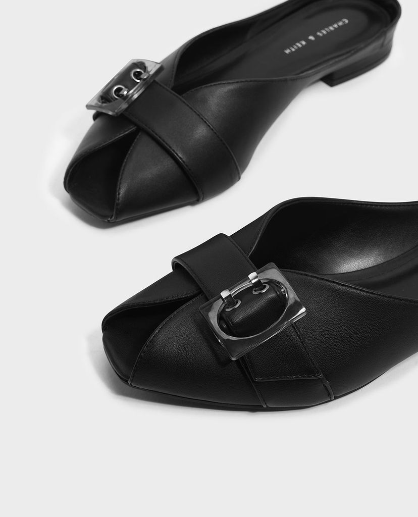 CHARLES & KEITH - Giày đế bệt nữ mũi tròn Anle Strap Peep Toe Flats