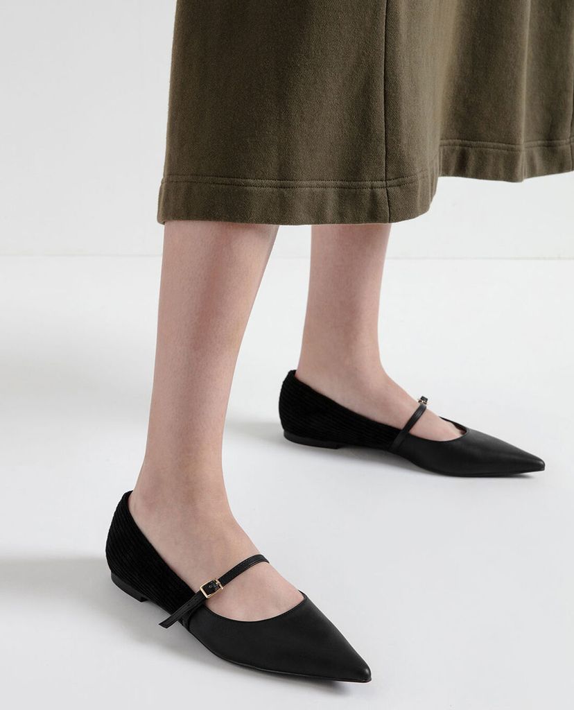 CHARLES & KEITH - Giày đế bệt nữ mũi nhọn Corduroy Mary Jane Flats