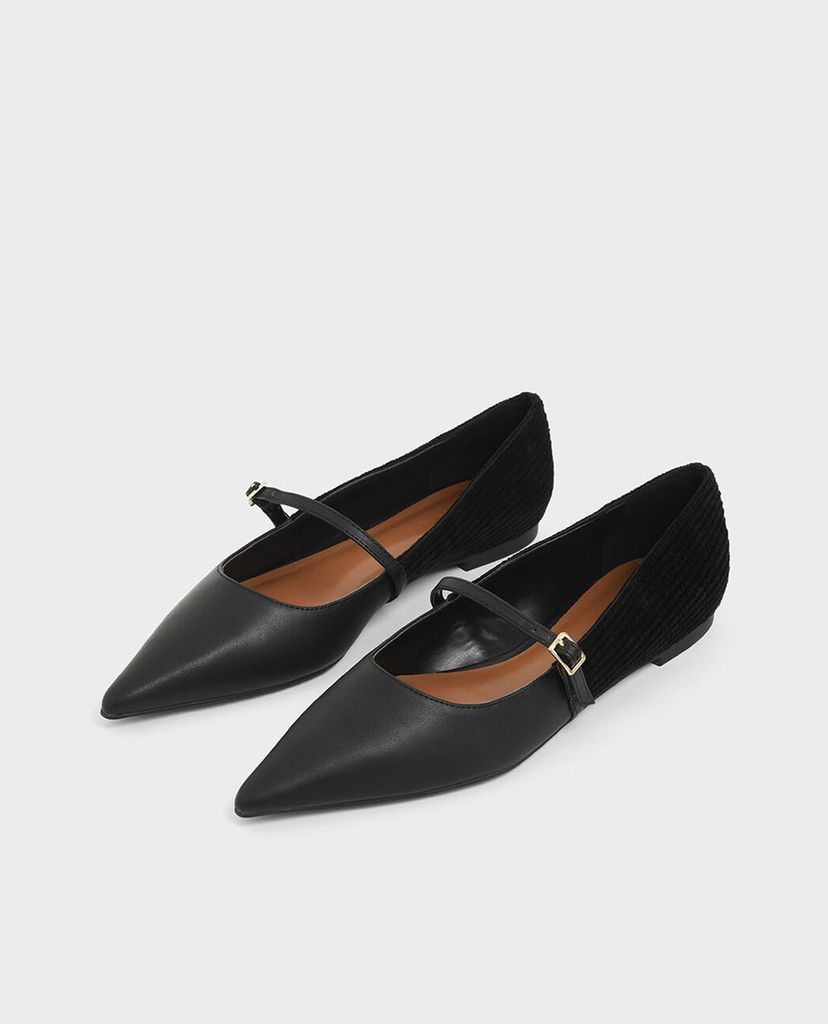 CHARLES & KEITH - Giày đế bệt nữ mũi nhọn Corduroy Mary Jane Flats