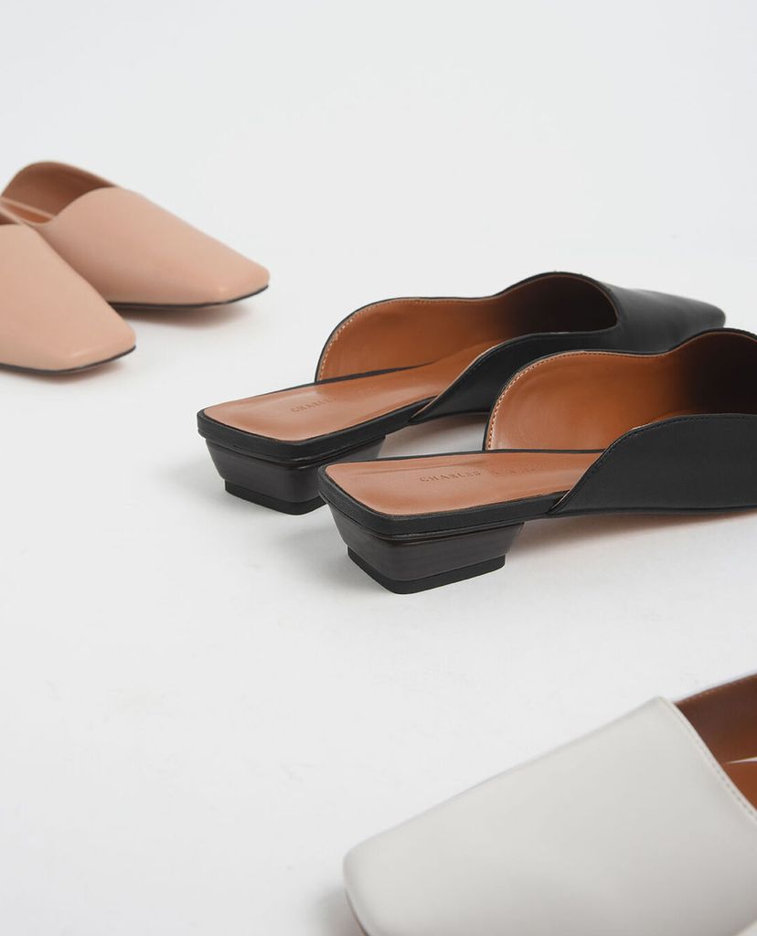 CHARLES & KEITH - Giày đế bệt Square Toe Stacked Heel Mules