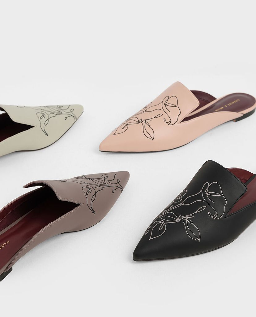 CHARLES & KEITH - Giày đế bệt Floral Embroidered Pointed Toe