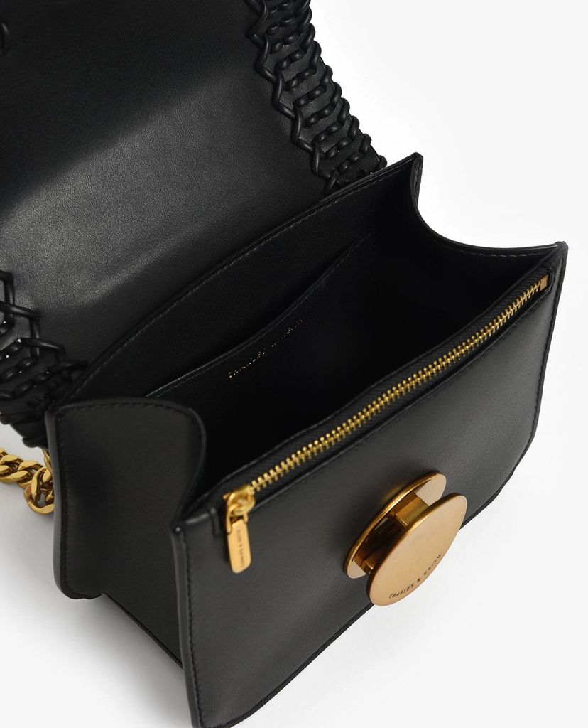 CHARLES & KEITH - Túi đeo vai nữ chữ nhật nắp gập phối chi tiết dệt thời trang