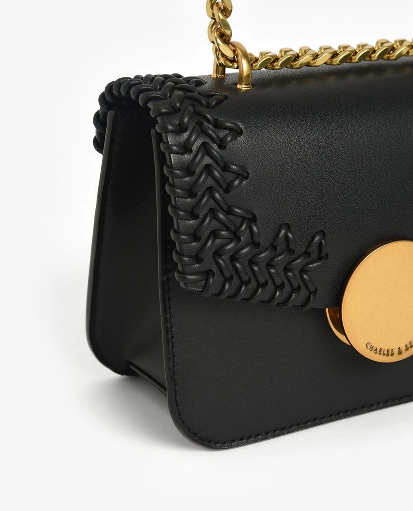 CHARLES & KEITH - Túi đeo vai nữ chữ nhật nắp gập phối chi tiết dệt thời trang