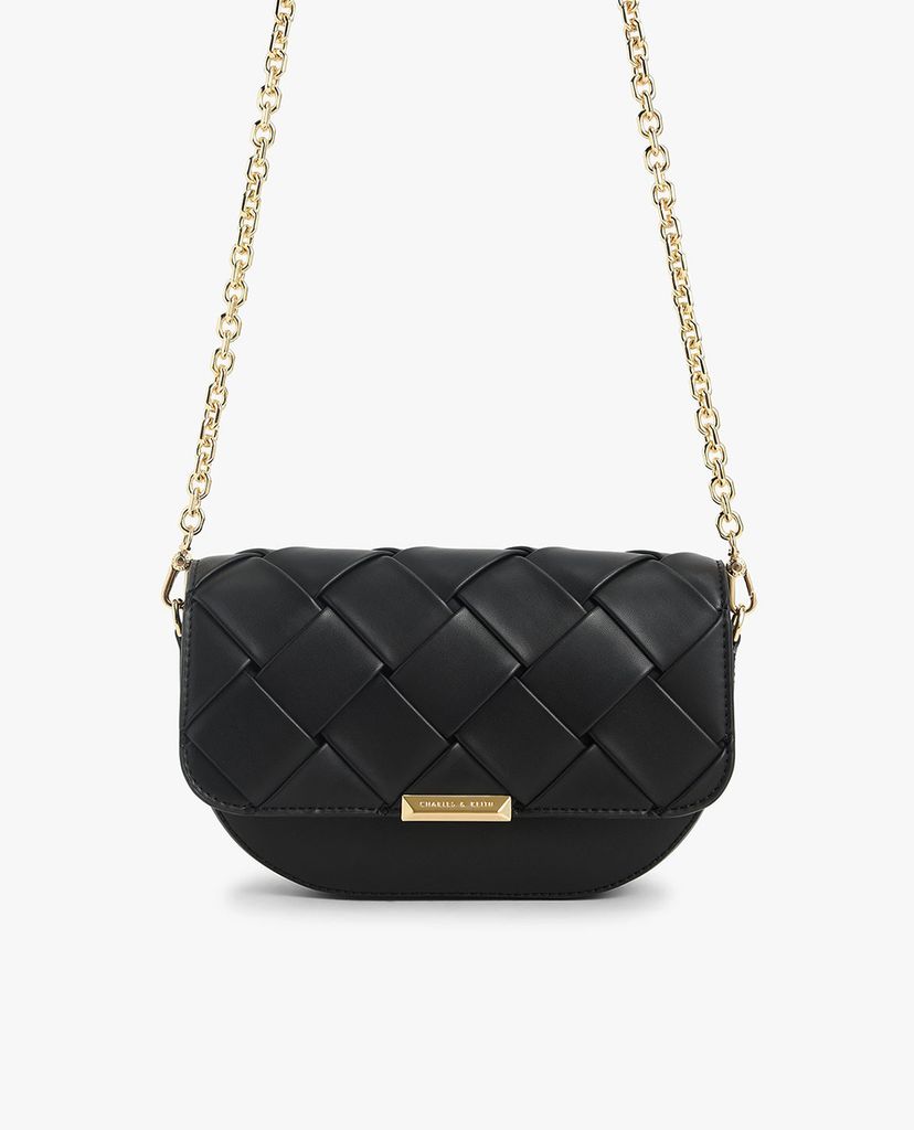 CHARLES & KEITH - Túi đeo vai hình bán nguyệt nắp gập Woven
