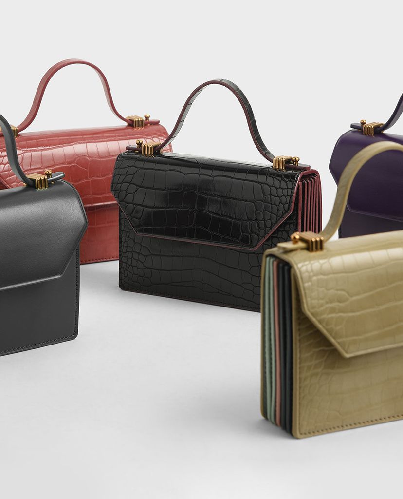 CHARLES & KEITH - Ví cầm tay nữ chữ nhật Croc Effect Mini