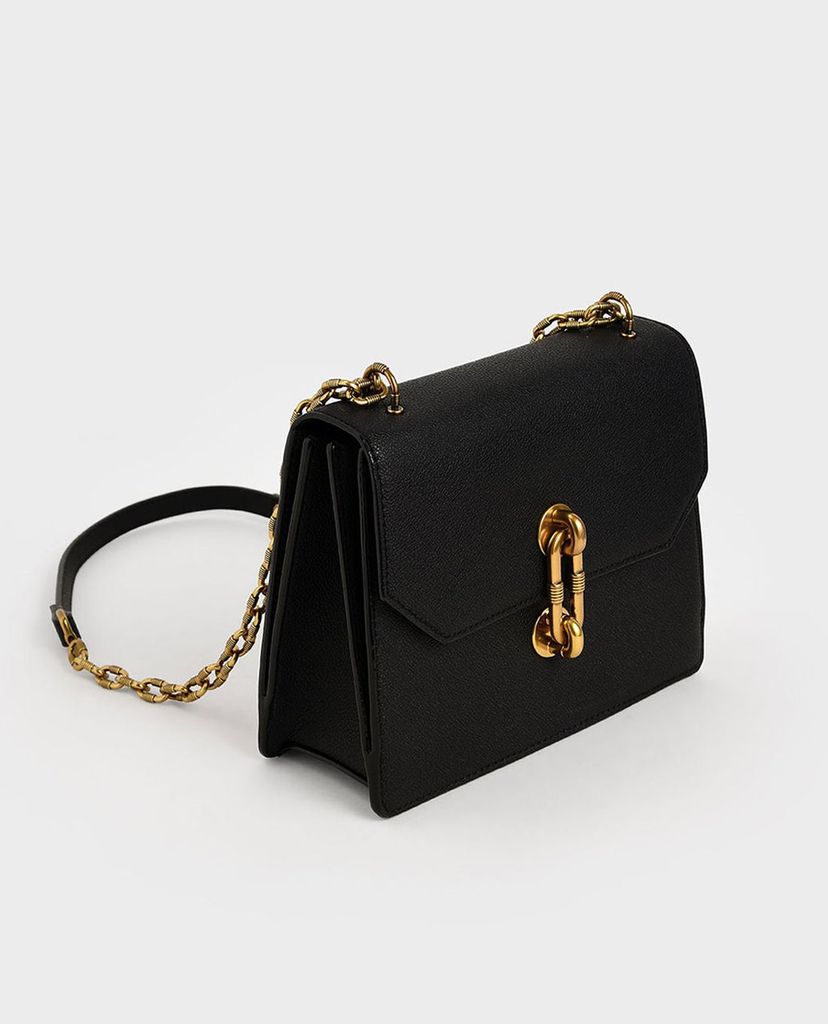CHARLES & KEITH - Túi đeo chéo nữ Double Chain Strap Turn Lock