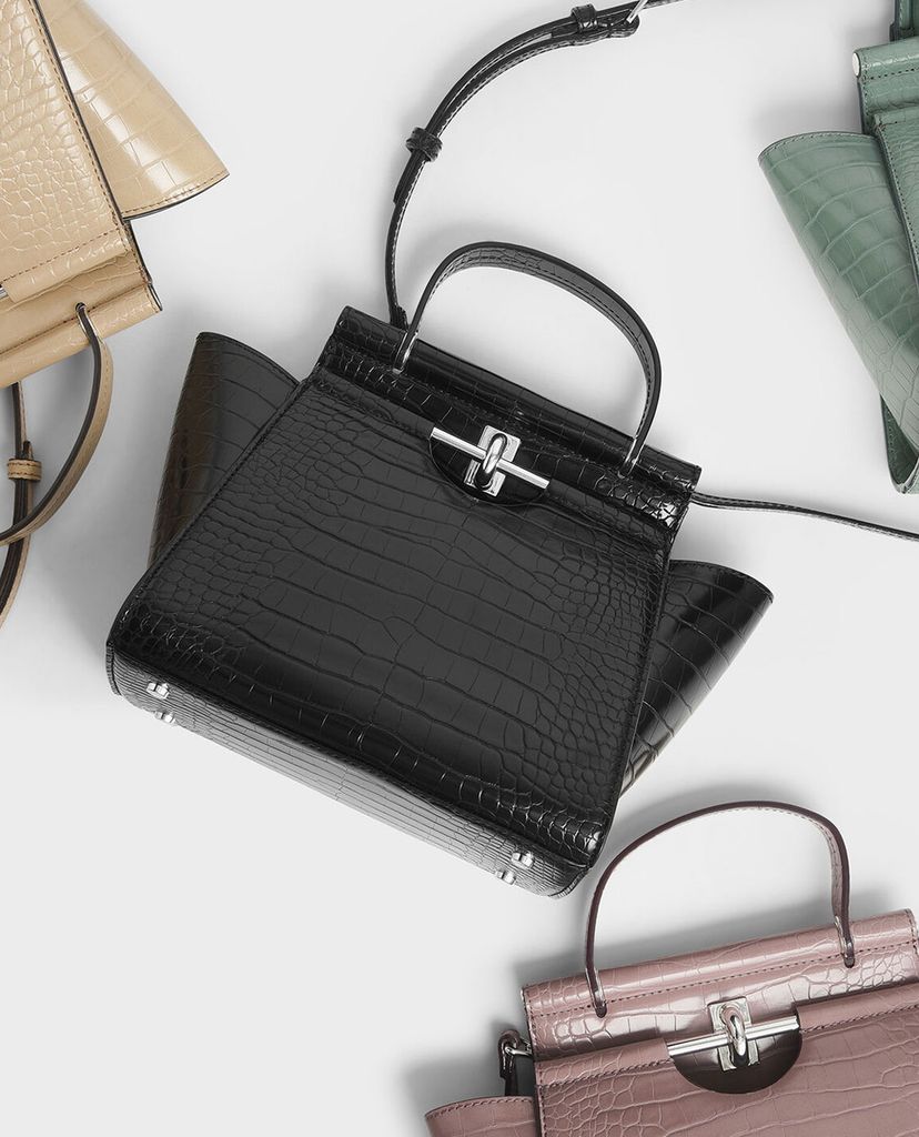 CHARLES & KEITH - Túi xách tay da cá sấu Croc Effect Trapeze
