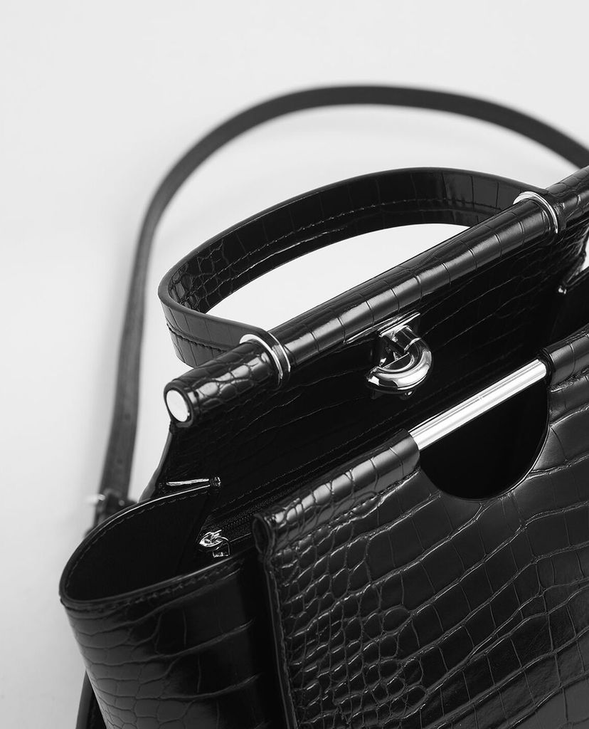 CHARLES & KEITH - Túi xách tay da cá sấu Croc Effect Trapeze