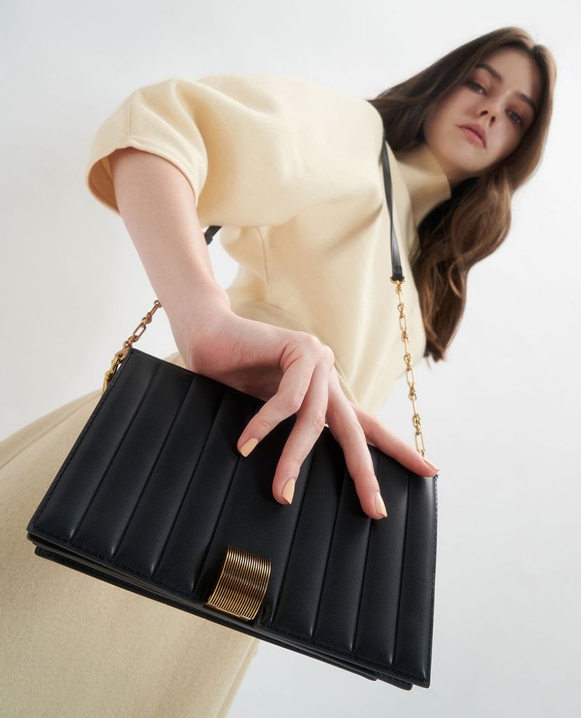 CHARLES & KEITH - Ví cầm tay nữ nắp gập Panelled Metallic Push Lock