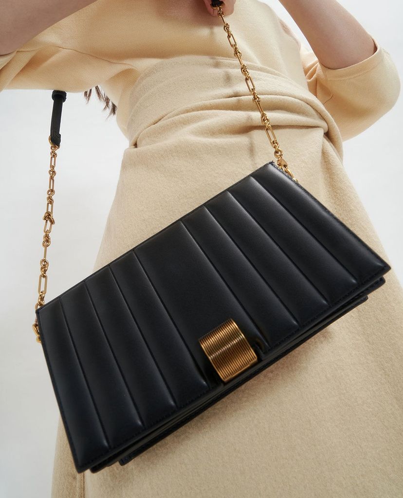 CHARLES & KEITH - Ví cầm tay nữ nắp gập Panelled Metallic Push Lock