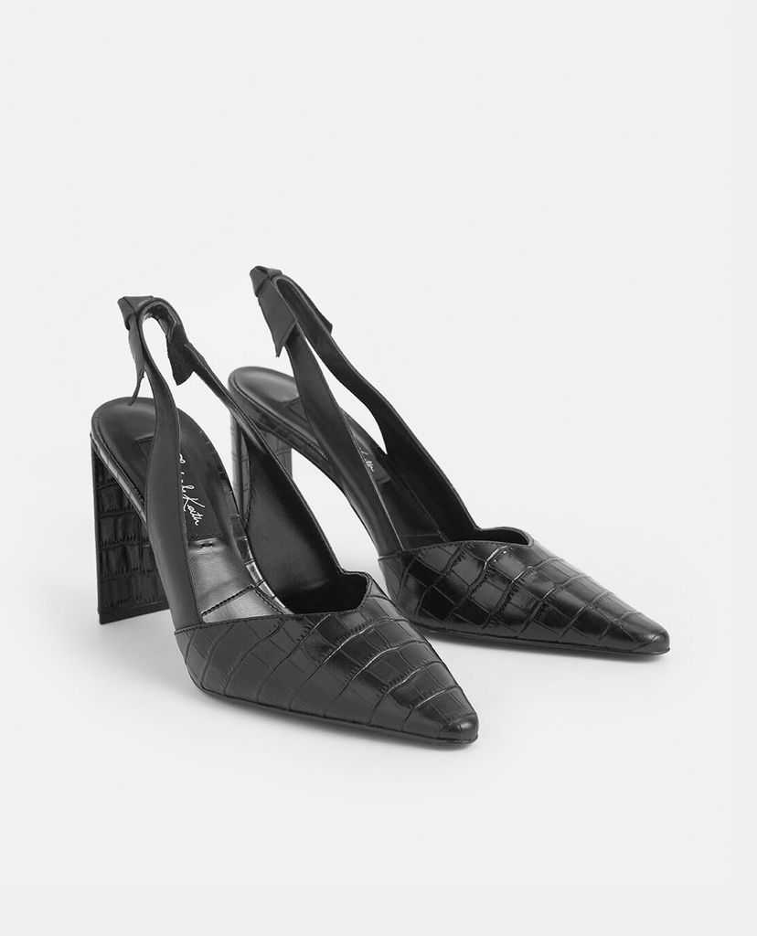 CHARLES & KEITH - Giày cao gót mũi nhọn Croc Effect Bow Slingback