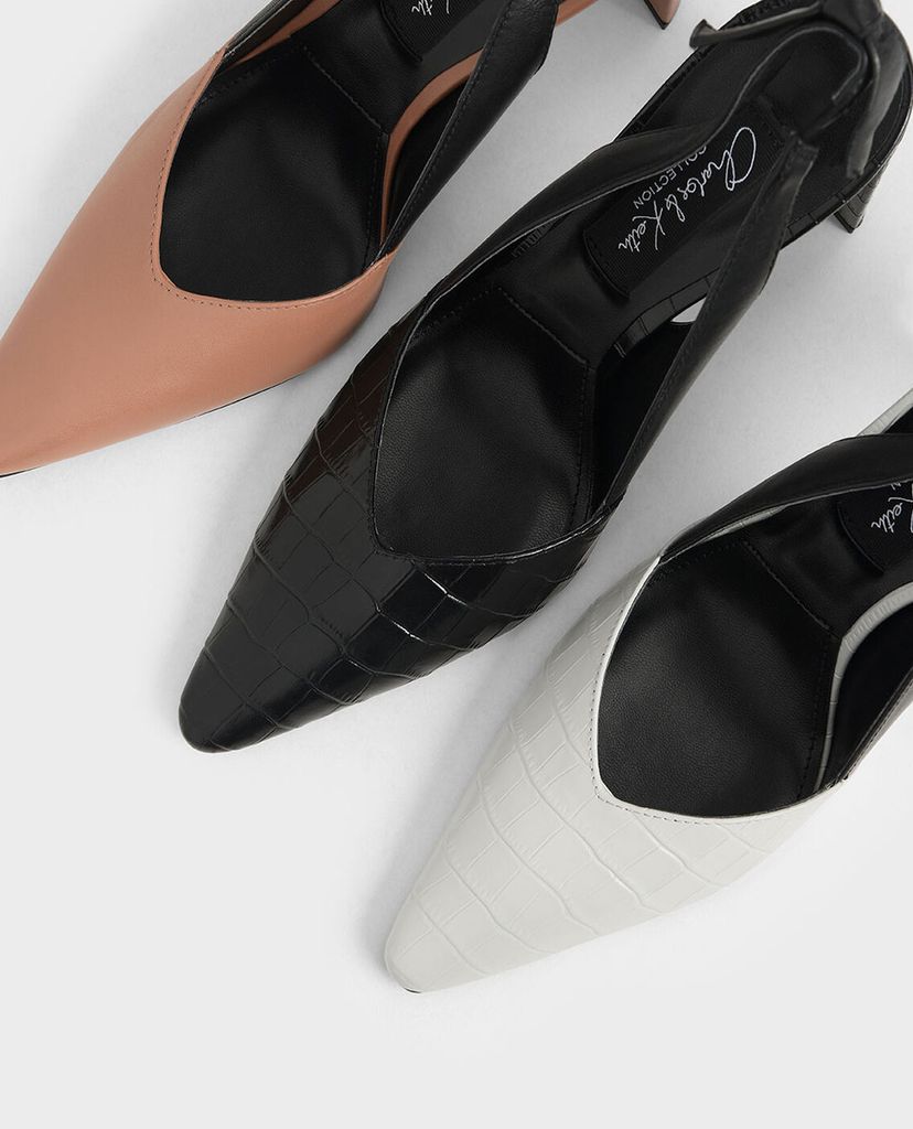 CHARLES & KEITH - Giày cao gót mũi nhọn Croc Effect Bow Slingback