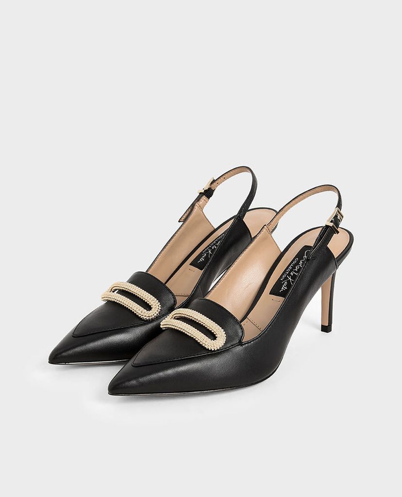 CHARLES & KEITH - Giày cao gót mũi nhọn Leather Metallic Accent