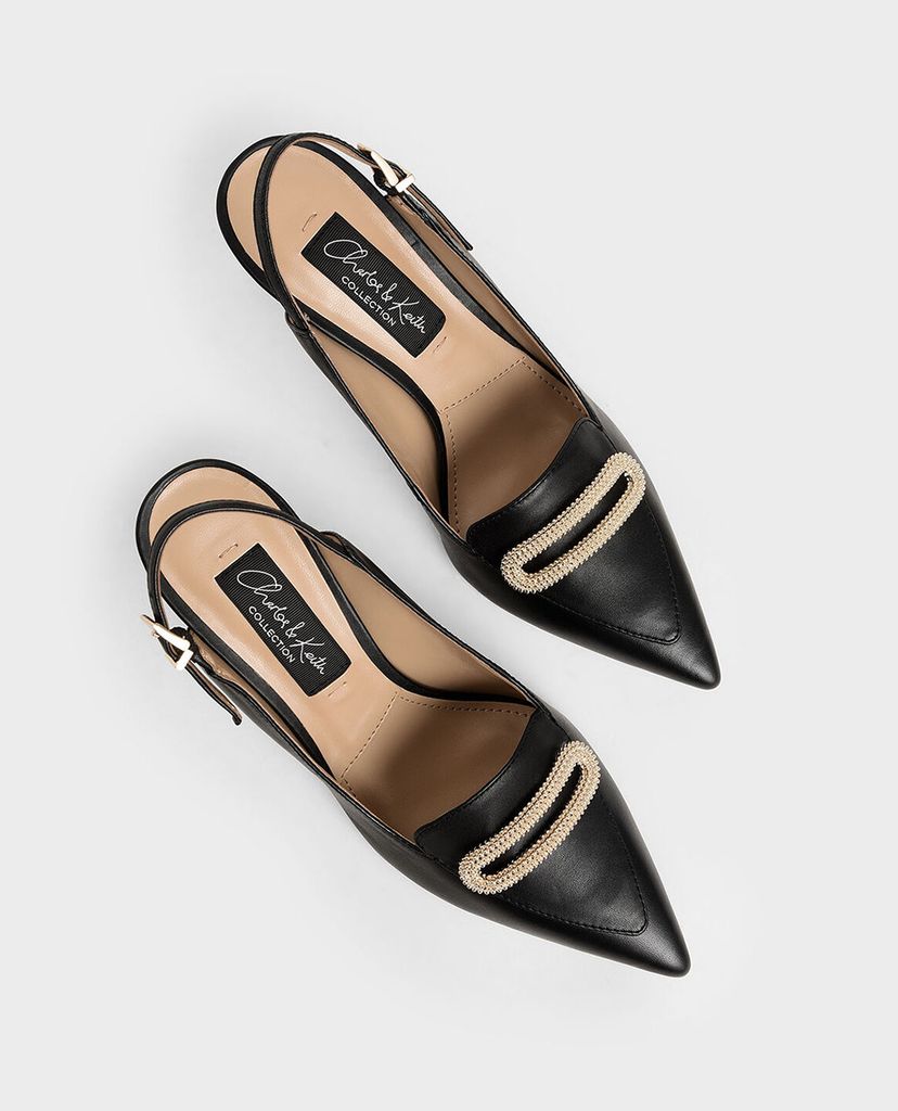 CHARLES & KEITH - Giày cao gót mũi nhọn Leather Metallic Accent