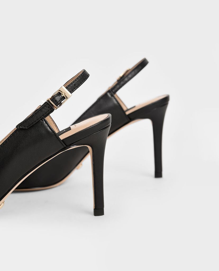 CHARLES & KEITH - Giày cao gót mũi nhọn Leather Metallic Accent