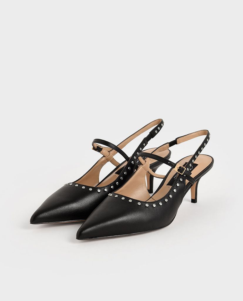 CHARLES & KEITH - Giày cao gót mũi nhọn Tweed & Leather Slingback