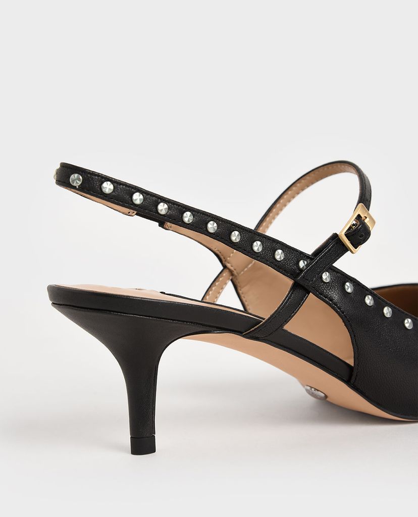 CHARLES & KEITH - Giày cao gót mũi nhọn Tweed & Leather Slingback