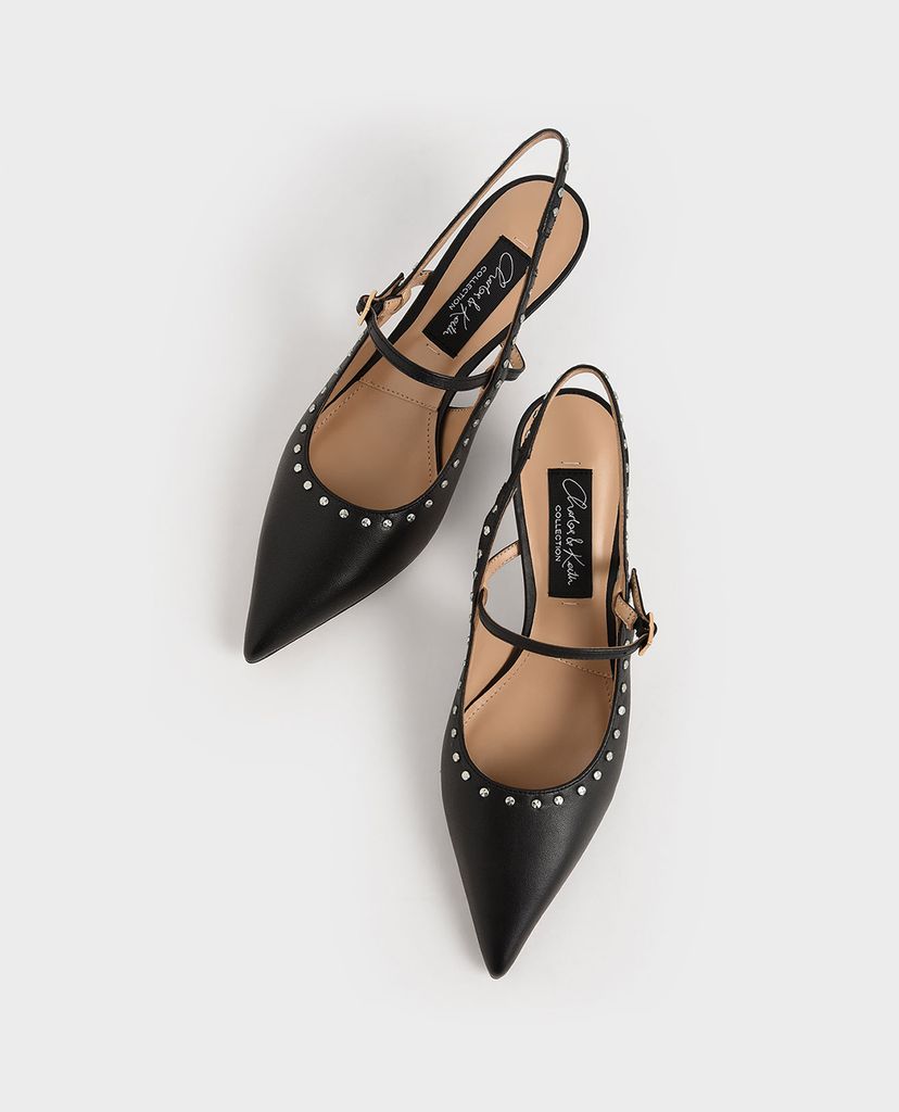 CHARLES & KEITH - Giày cao gót mũi nhọn Tweed & Leather Slingback