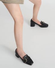 CHARLES & KEITH - Giày cao gót mũi vuông đế trụ Leather Buckle