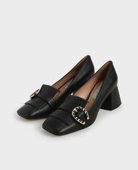 CHARLES & KEITH - Giày cao gót mũi vuông đế trụ Leather Buckle